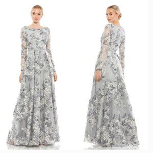 MAC DUGGAL 11185 FLORAL EMBELLISHED ILLUSIONS A-LINE PLATINUM GOWN sz 10